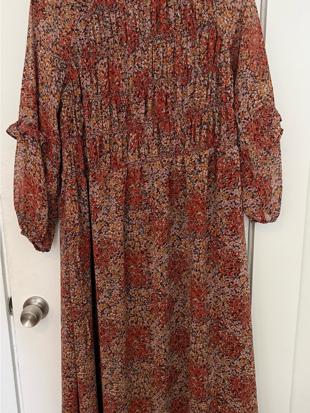 Mango Rust Floral Midi Dress with Smocked Bodice
